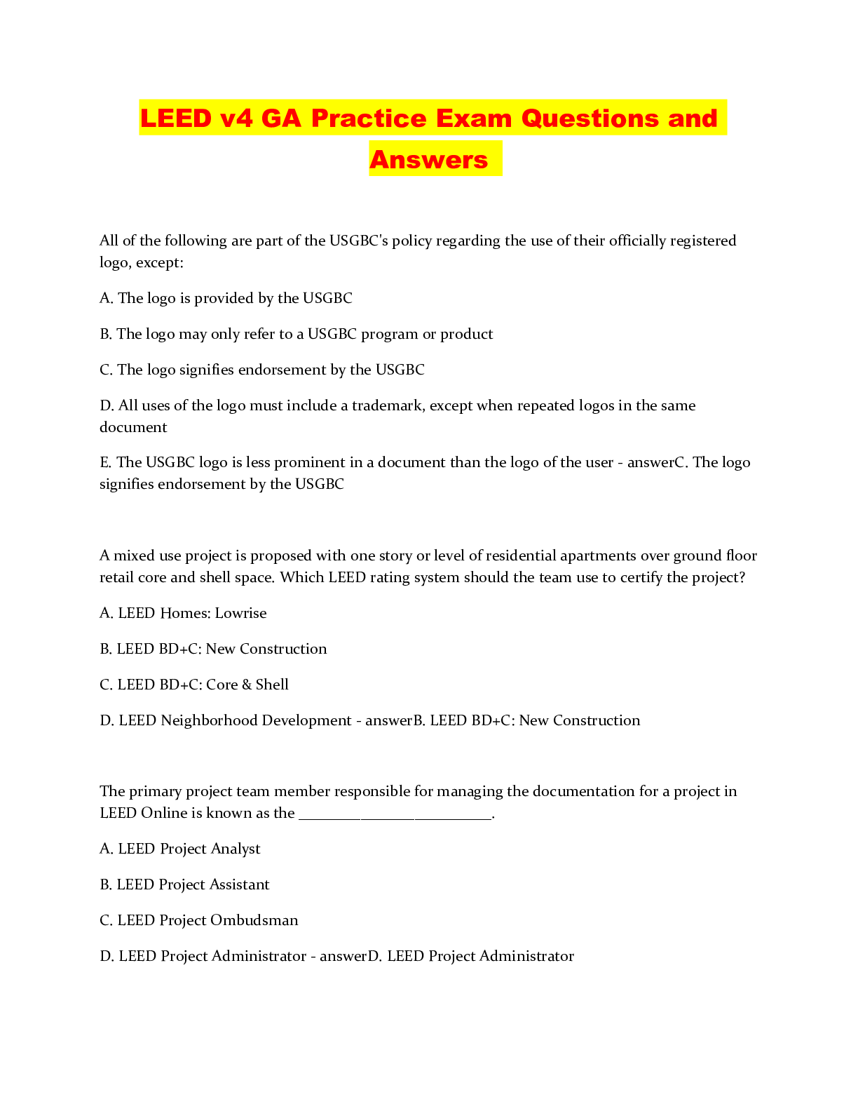 Preview image of LEED v4 GA Practice Exam Questions and Answers document